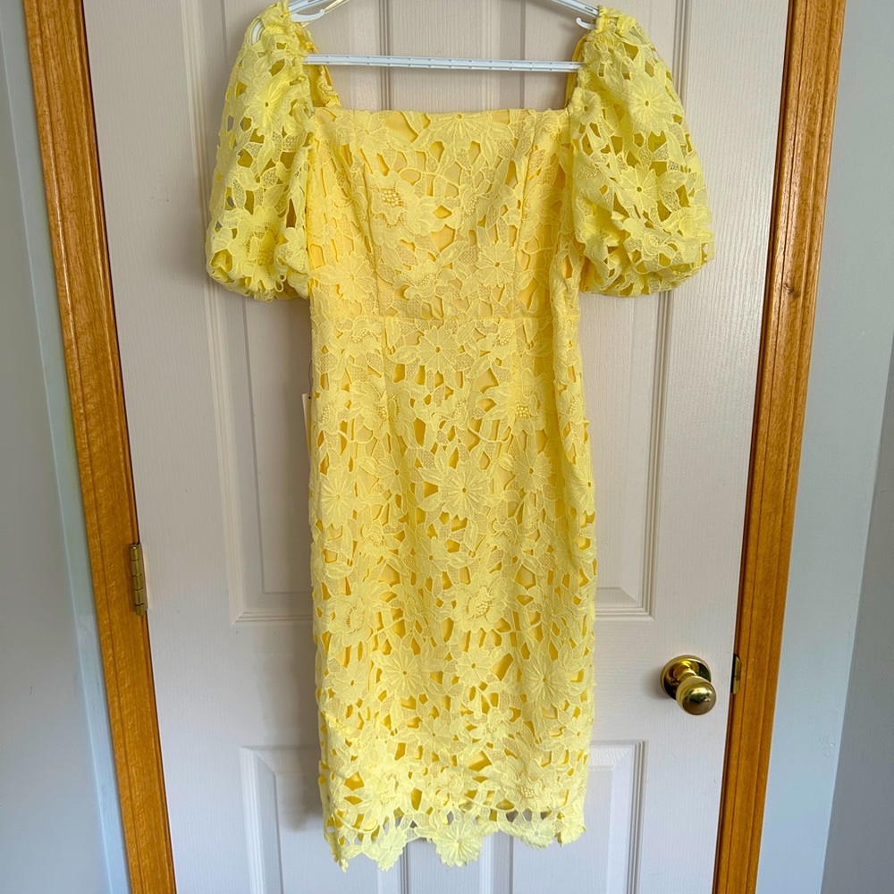 Squareneck Puff-Sleeve Lace Sheath Dress